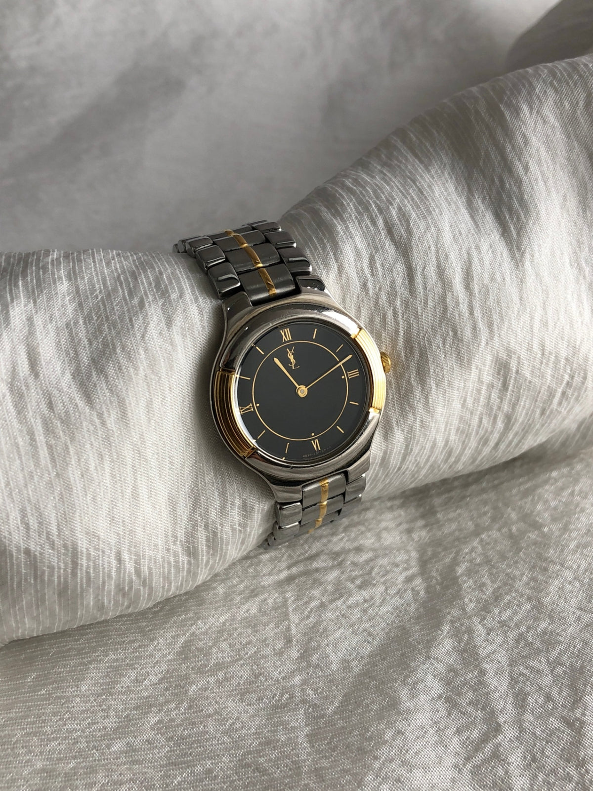 Yves Saint Laurent YSL Logo Quartz Watch Silver×Gold Vintage ymydvs