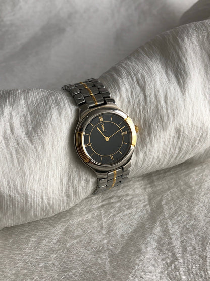 Yves Saint Laurent YSL Logo Quartz Watch Silver×Gold Vintage ymydvs
