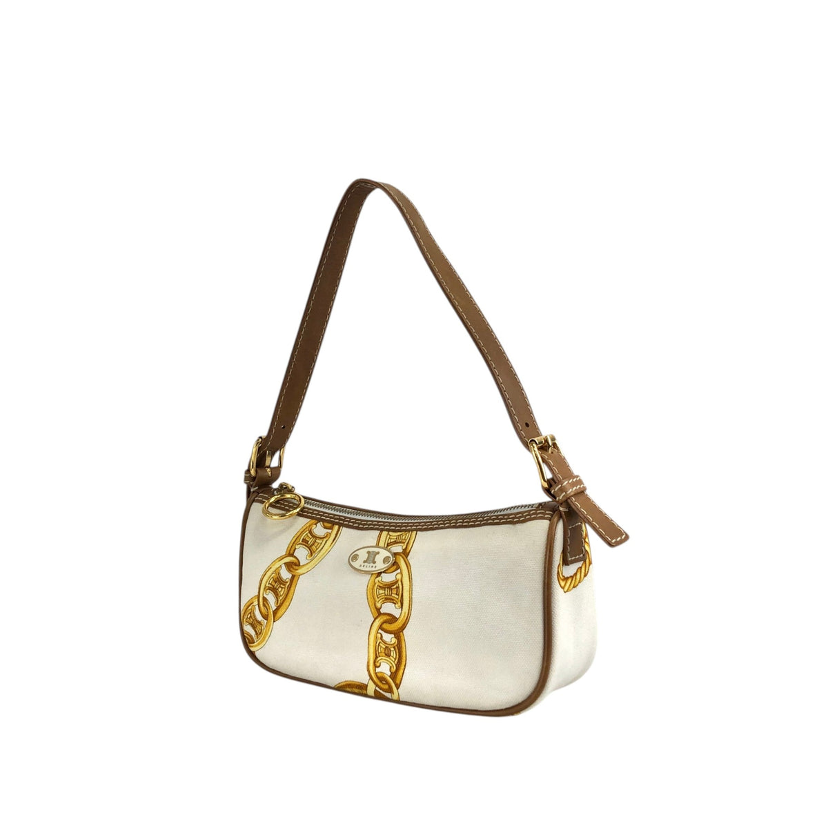 CELINE Blason Canvas Leather Handbag White Vintage vzzbsd