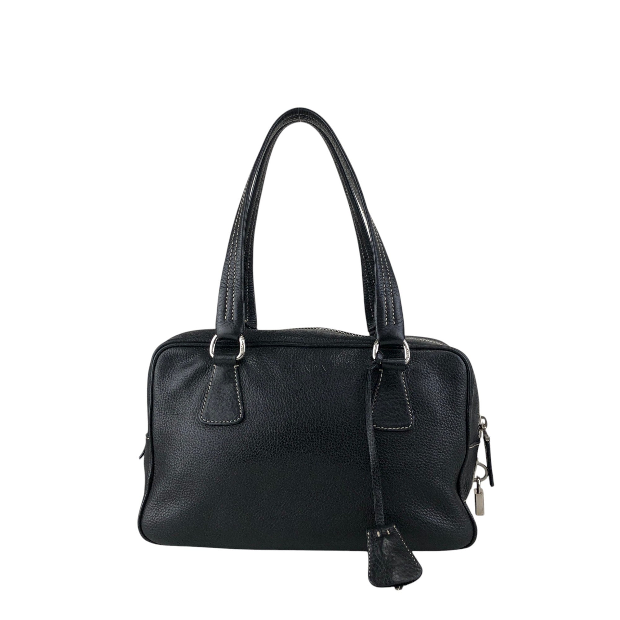 PRADA Logo Embossed Small Boston bag Handbag Black Vintage wuztbm