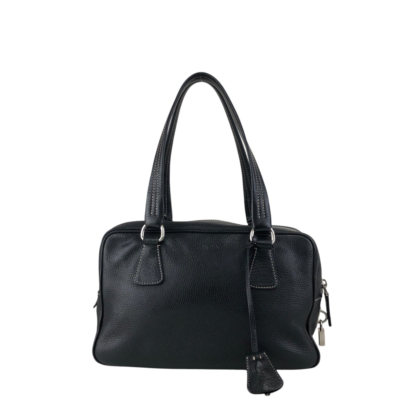 PRADA Logo Embossed Small Boston bag Handbag Black Vintage wuztbm