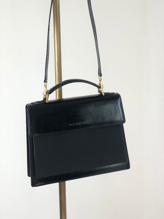 Yves Saint Laurent YSL Logo Patent Leather Two-way Handbag Shoulder bag Black Vintage gry78a