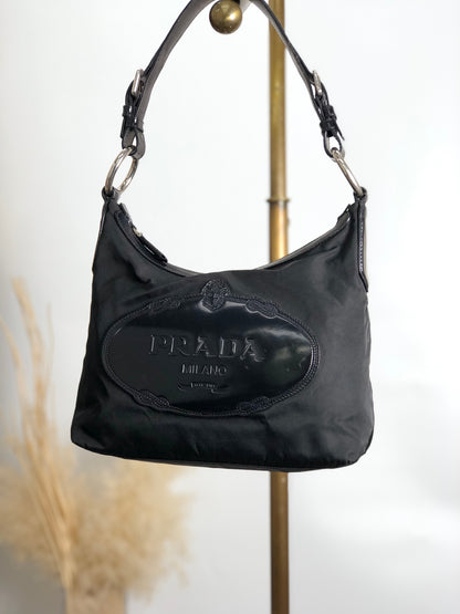 PRADA Logo Shoulder bag Hobobag Black Vintage wr3yar