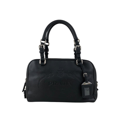 PRADA Logo Embossed Small Boston bag Handbag Black Vintage sdau3h