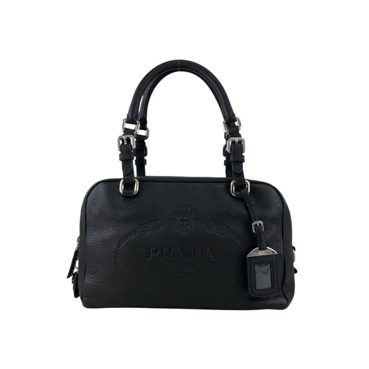 PRADA Logo Embossed Small Boston bag Handbag Black Vintage sdau3h