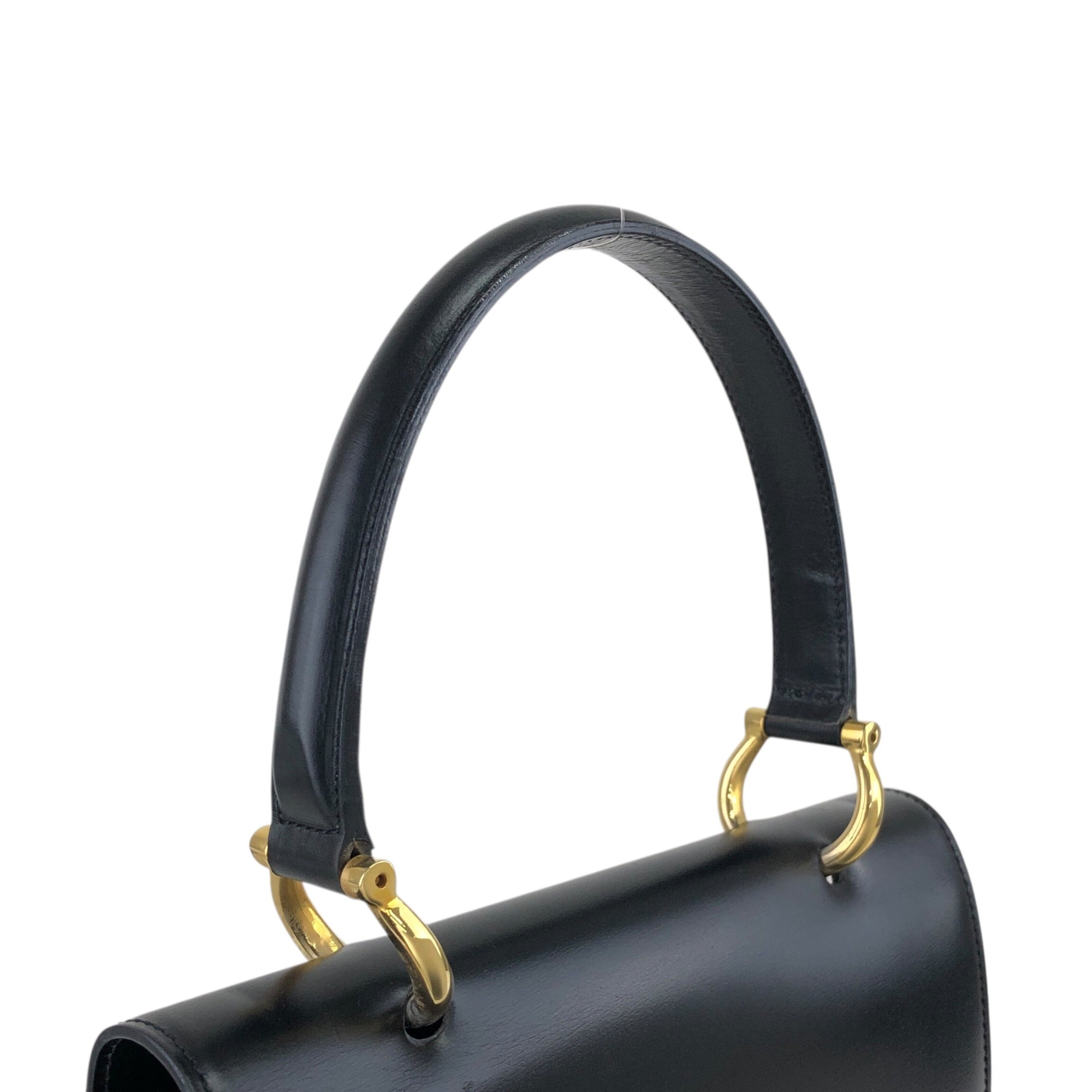 CELINE Horse Bit Double Flap Handbag Black Vintage istaf6