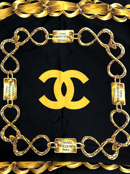 CHANEL Coco Mark SILK Scarf Black×Yellow Vintage gi546h