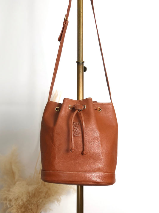 Yves Saint Laurent YSL Logo Drawstring Shoulder bag Brown Vintage yywbfv