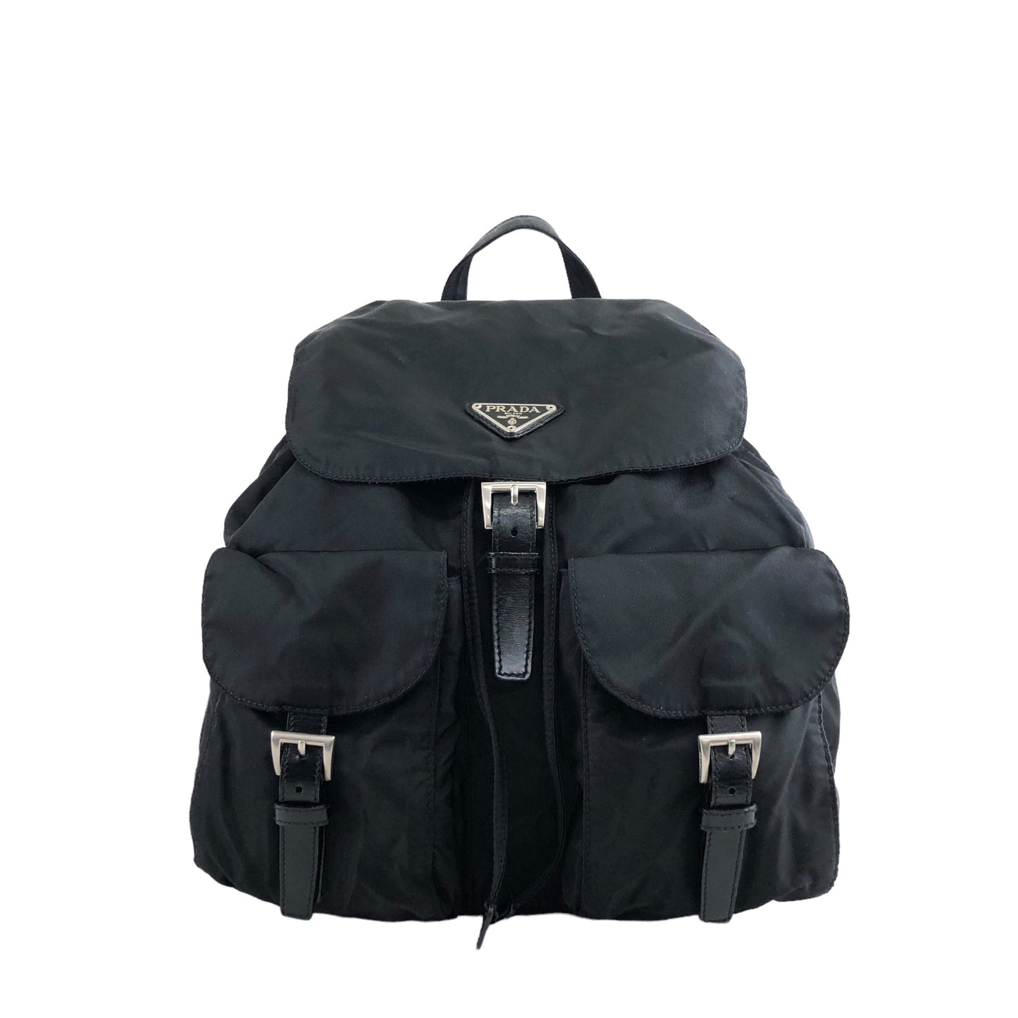 PRADA Triangle Logo Front Buckle Backpack Black Vintage d4dvwd