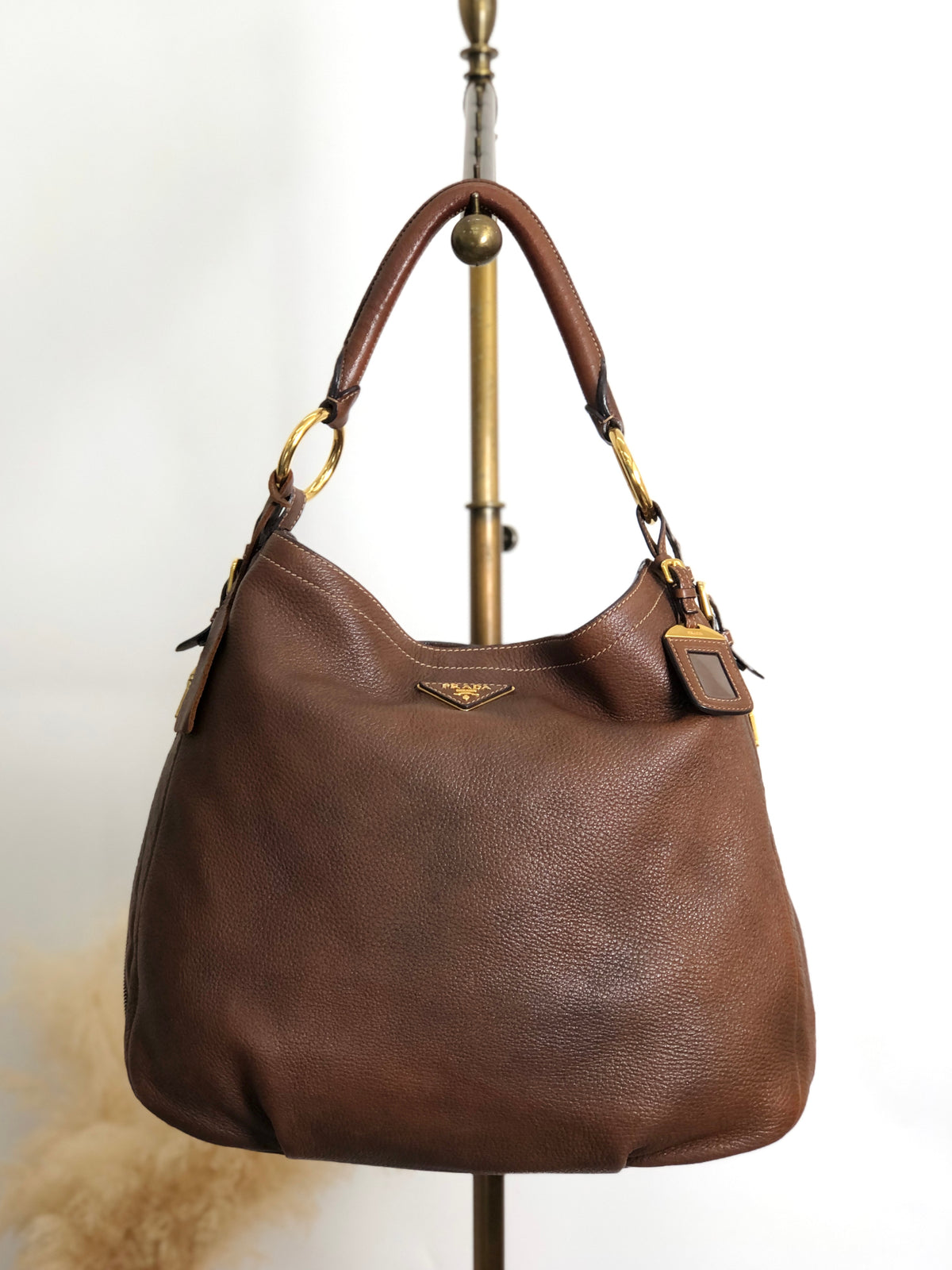 PRADA Triangle Logo Shoulder bag Hobobag Brown Vintage ajvtv2
