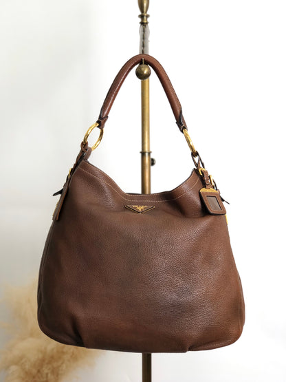 PRADA Triangle Logo Shoulder bag Hobobag Brown Vintage ajvtv2