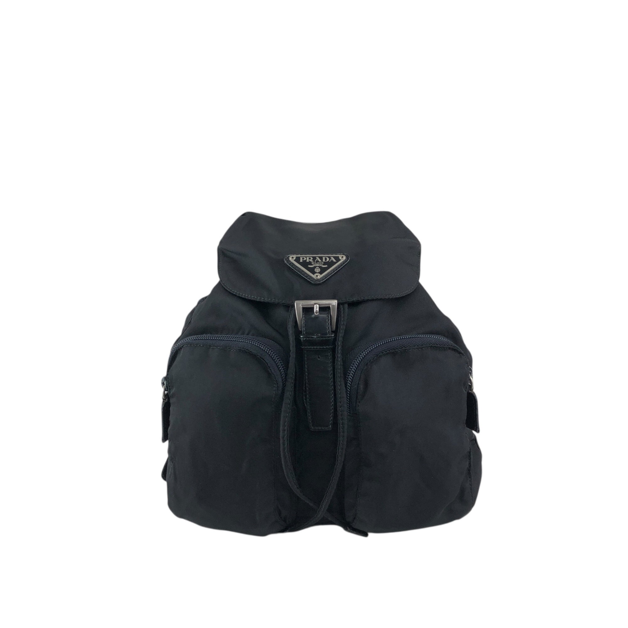 PRADA Tessuto Triangle Logo Front Buckle Backpack Black Vintage