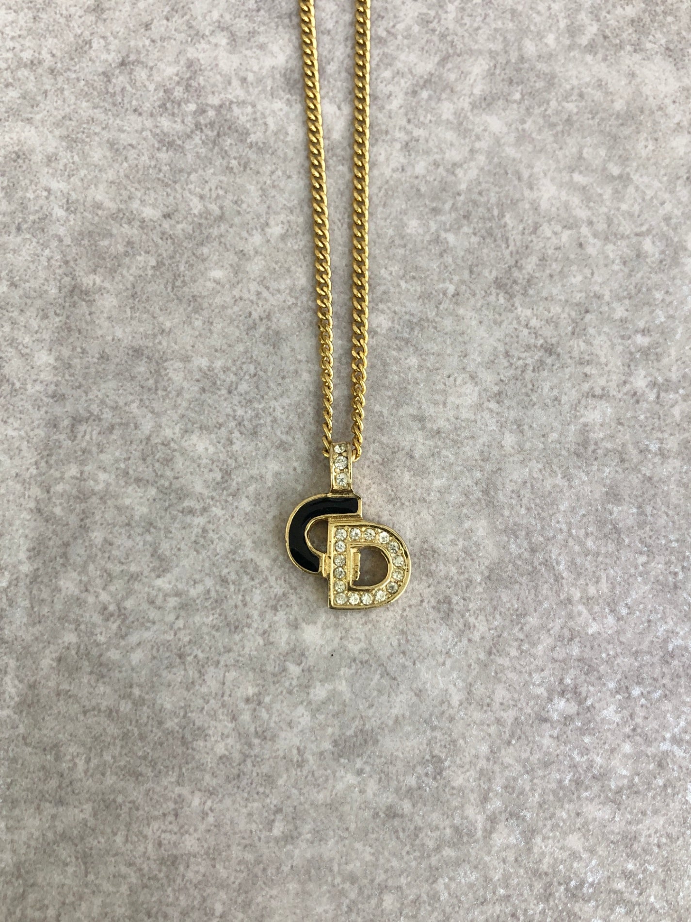 Christian Dior CD Logo Rhinestone Necklace Gold×Black Vintage iufg6r
