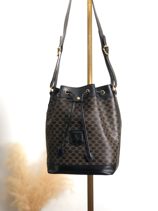 CELINE Macadam Blason Drawstring Shoulder bag Black Vintage ruunby