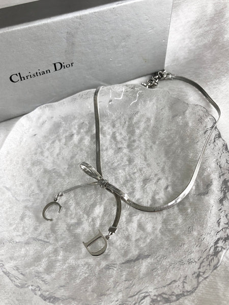 Christian Dior CD Logo Ribbon Necklace Silver Vintage xxdfsh