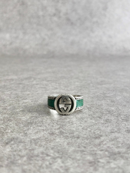 GUCCI Interlocking SILVER925 Ring Silver×Enamel Green Vintage kxthb4