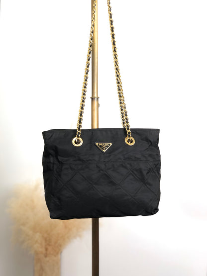 PRADA Tessuto Triangle Logo Chain Shoulder bag Black Vintage aymjy2