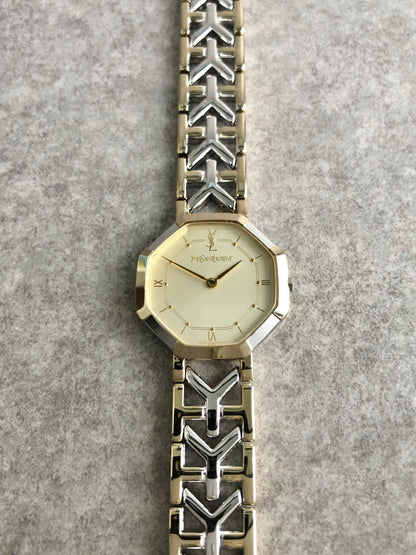 Yves Saint Laurent YSL Logo Octagon Quartz Watch Silver×Gold 4620-E62143 Vintage 4kdjvm