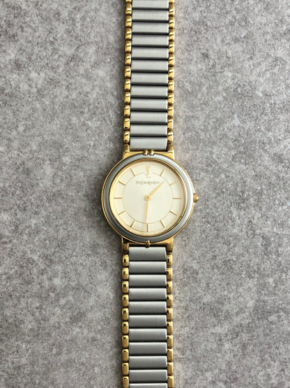 Yves Saint Laurent YSL Logo Quartz Watch Silver×Gold 4620-E62267Y Vintage iymii4