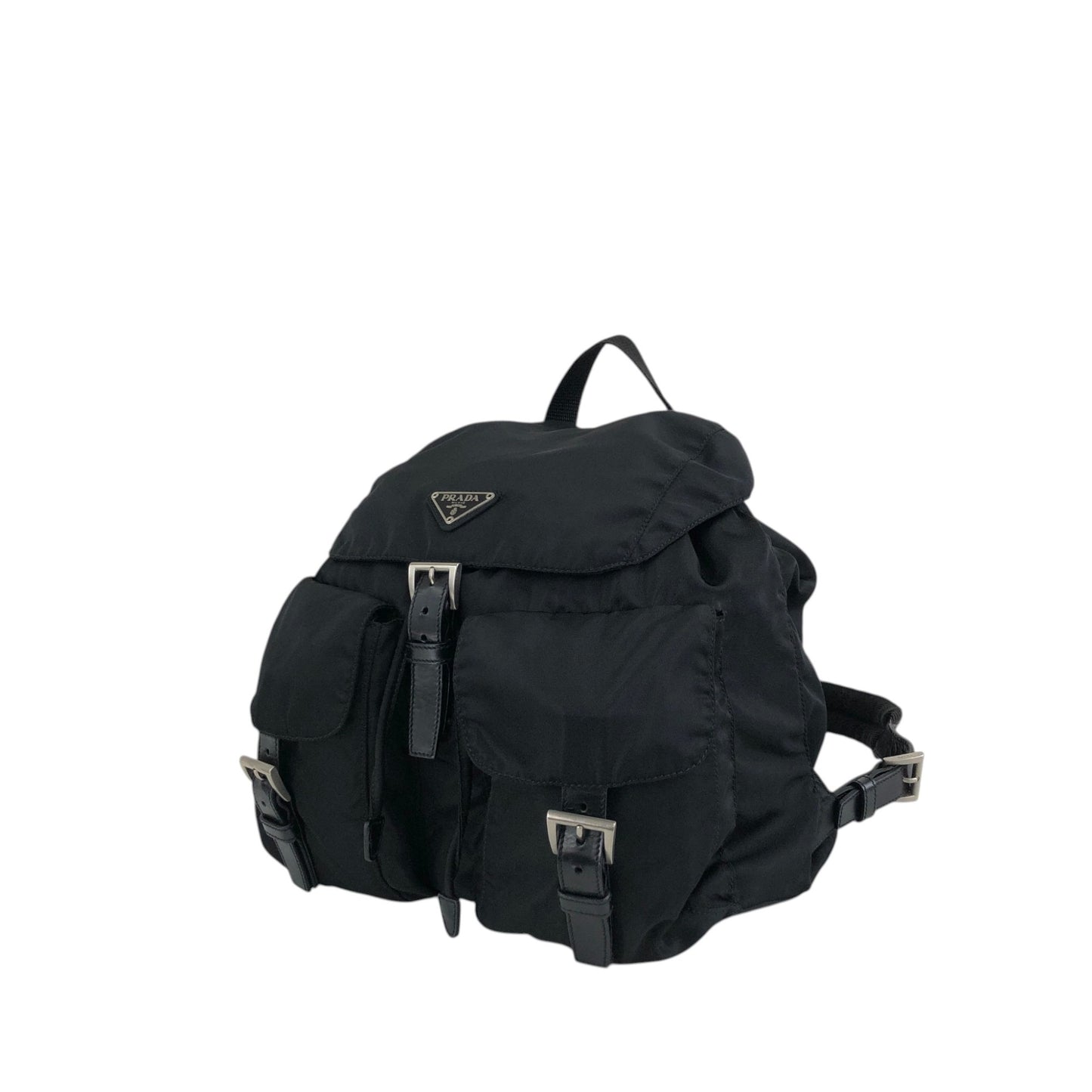 PRADA Tessuto Triangle Logo Front Buckle Double Pocket Backpack Black Vintage mkvbvj