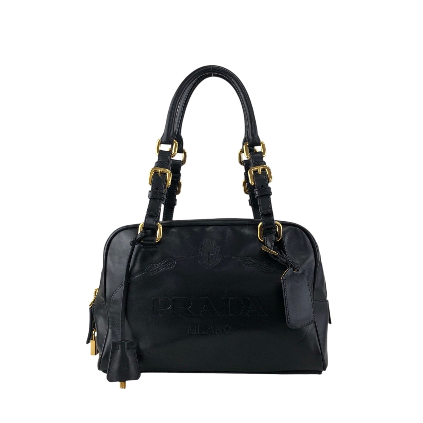 PRADA Logo Embossed Handbag Boston bag Black Vintage nfyku6