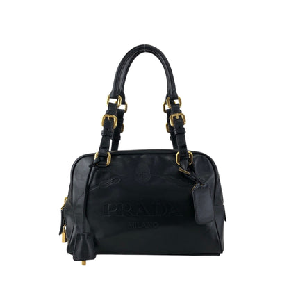 PRADA Logo Embossed Handbag Boston bag Black Vintage nfyku6