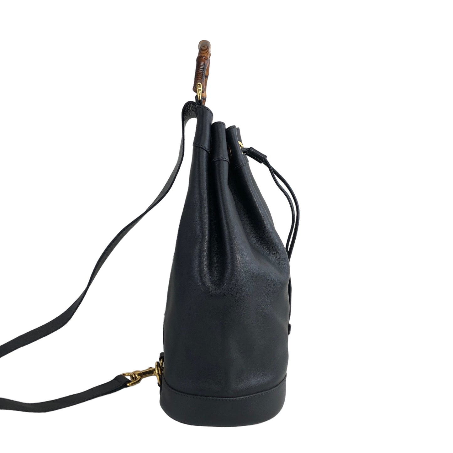 GUCCI Bamboo Leather Drawstring Shoulder bag Black Vintage f5ytcx