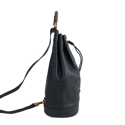 GUCCI Bamboo Leather Drawstring Shoulder bag Black Vintage f5ytcx