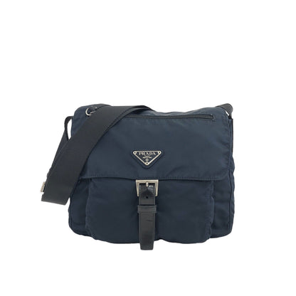 PRADA Triangle Logo Front Buckl Shoulder bag Navy Vintage 8igg4i