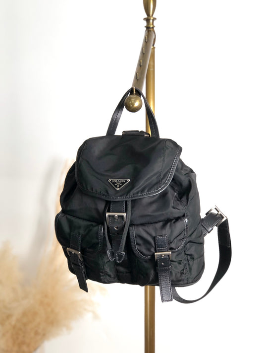 PRADA Tessuto Triangle Logo Double Pocket Backpack Black Vintage xgxrpz