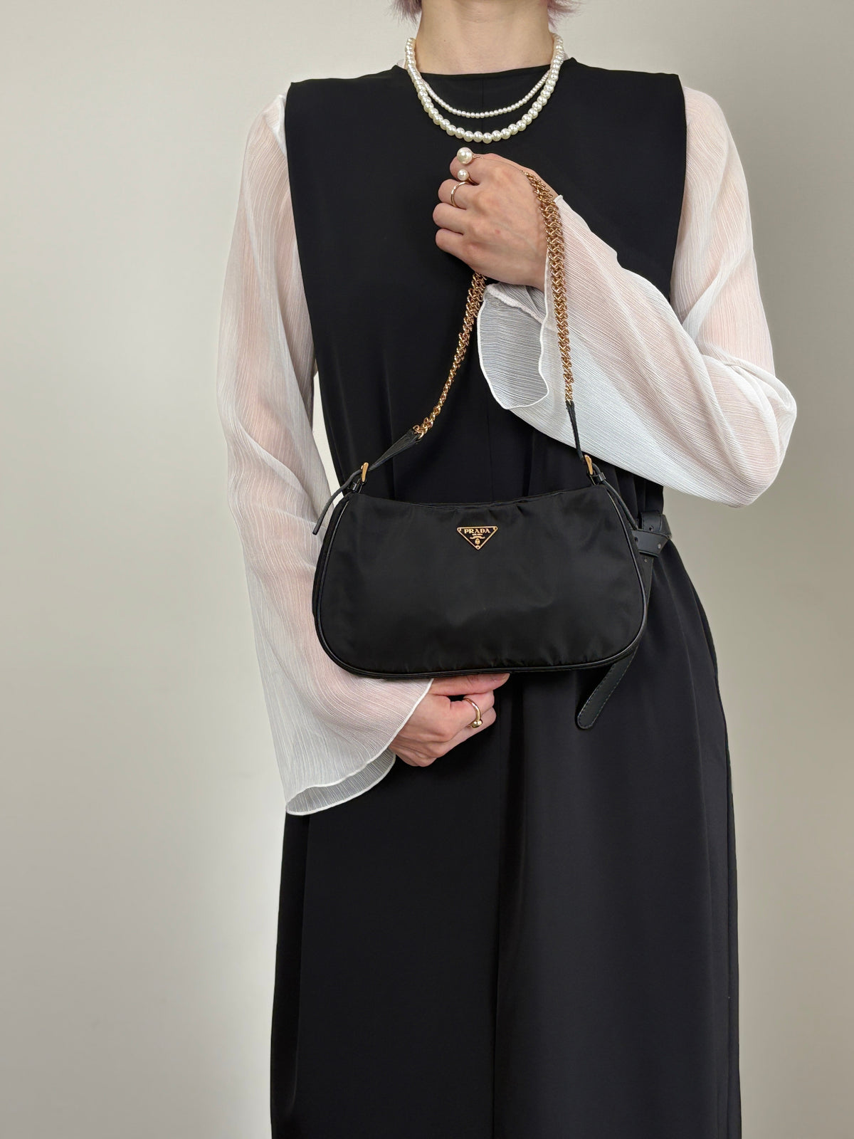 PRADA Tessuto Triangle Logo Chain Shoulder bag Black Vintage z4kic8