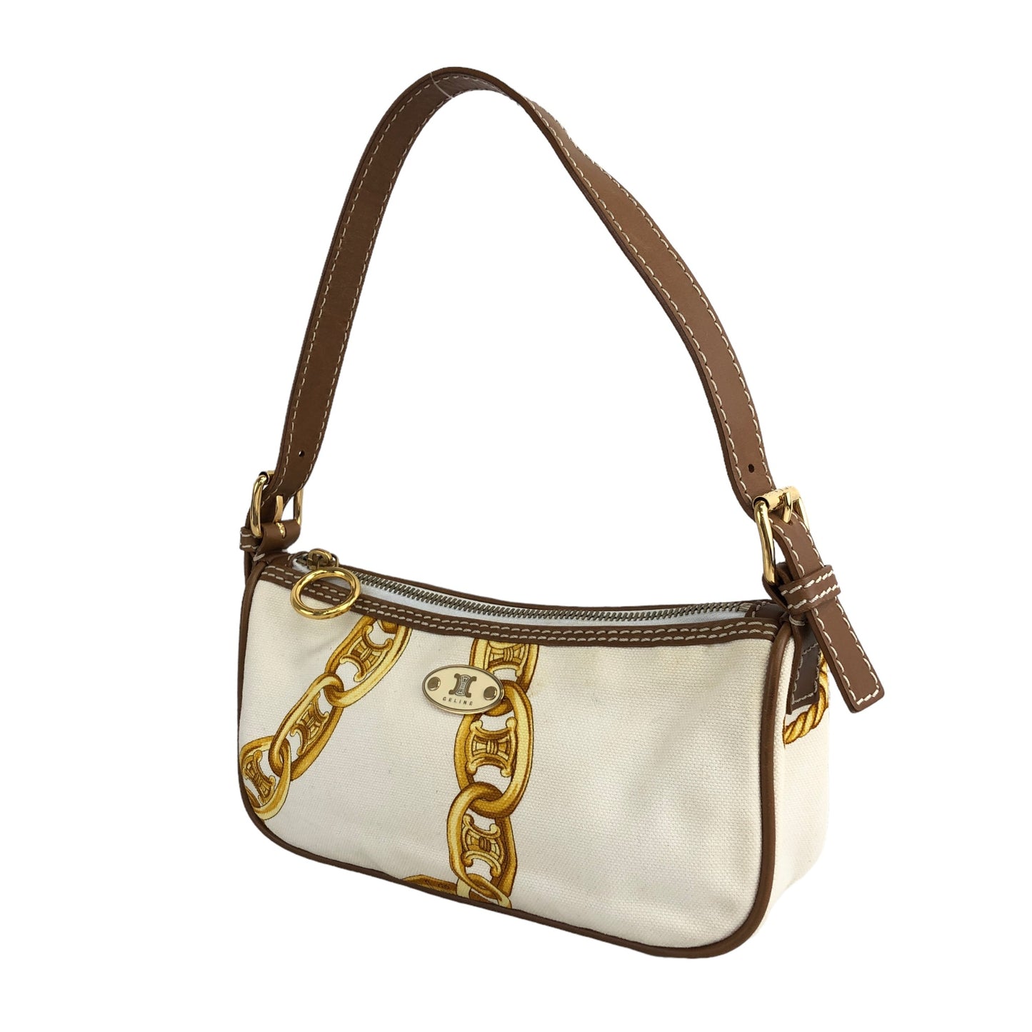 CELINE Blason Canvas Leather Handbag White Vintage  vzzbsd