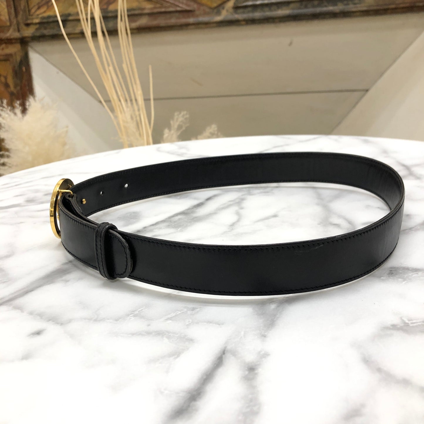 GUCCI Crest Leather Belt Black Vintage 68evbe