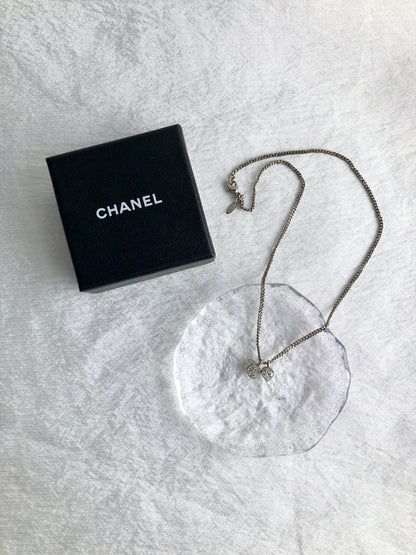 CHANEL Coco Mark Rhinestone Necklace Silver Vintage udsh45