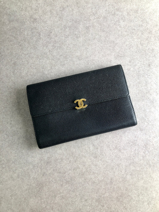 CHANEL Coco Mark Trifold Wallet Black Vintage z3isxy