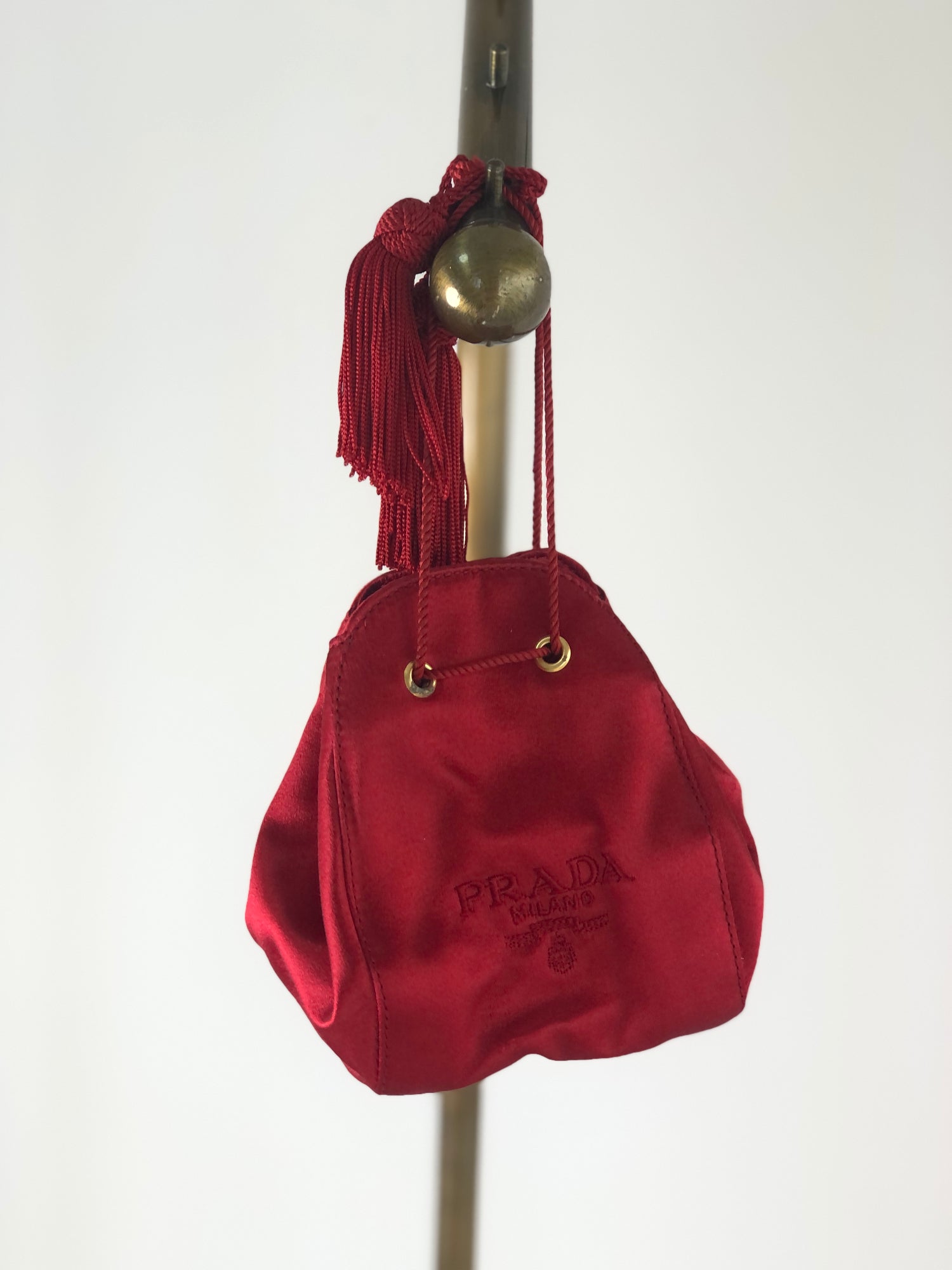 PRADA Logo Embroidery Satin Drawstring Mini Handbag Red PRADA Logo Embroidery Satin Drawstring Mini Handbag Red