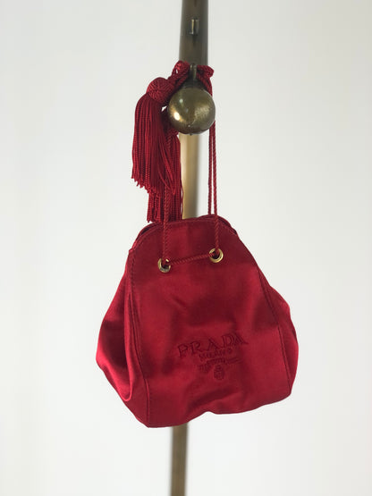 PRADA Logo Embroidery Satin Drawstring Mini Handbag Red Vintage e2mrt5