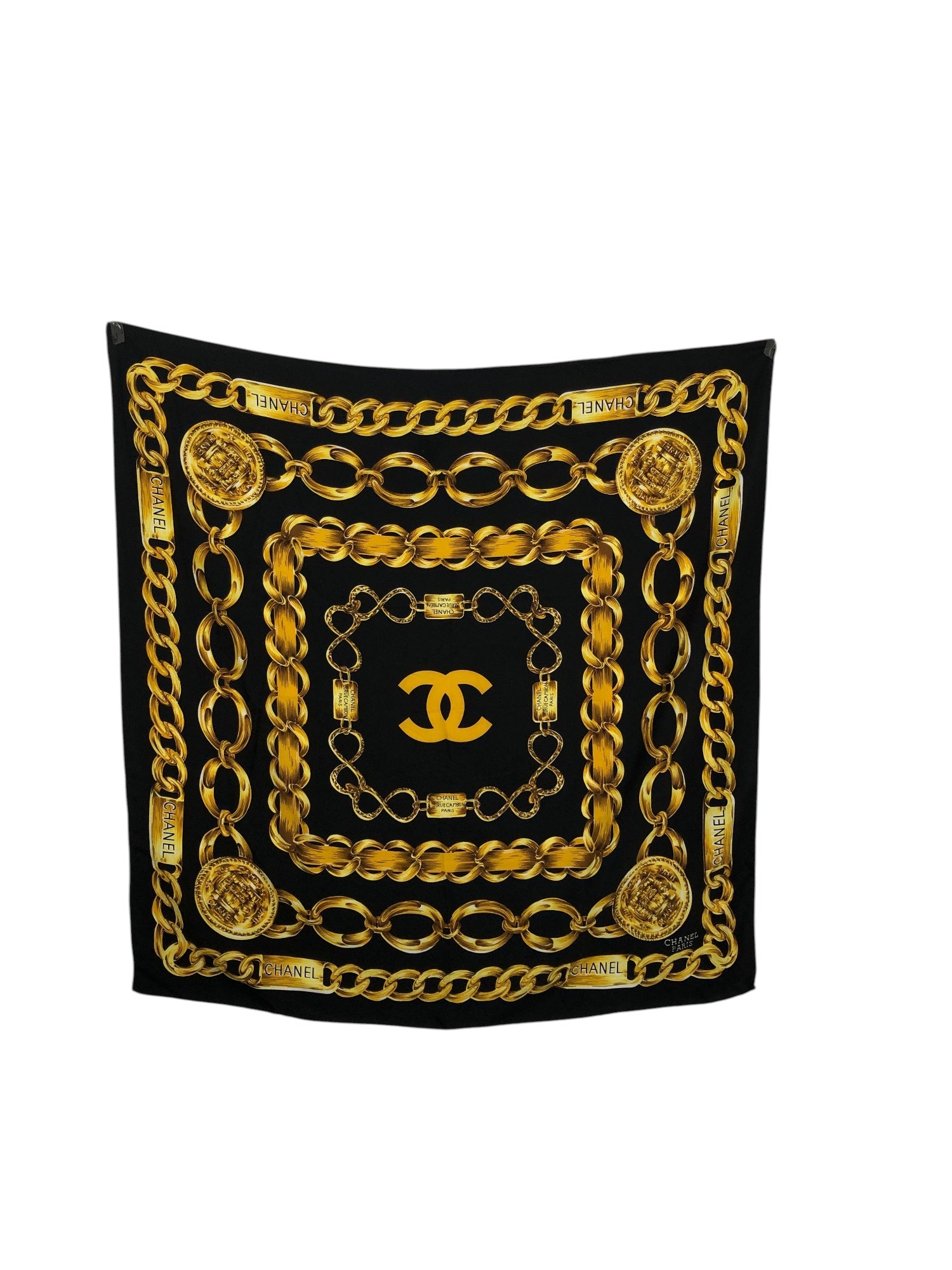小物 CHANEL Vintage Silk Scarf Cocomark y2k CHANEL Coco Mark SILK Scarf Black×Yellow Vintage gi546h