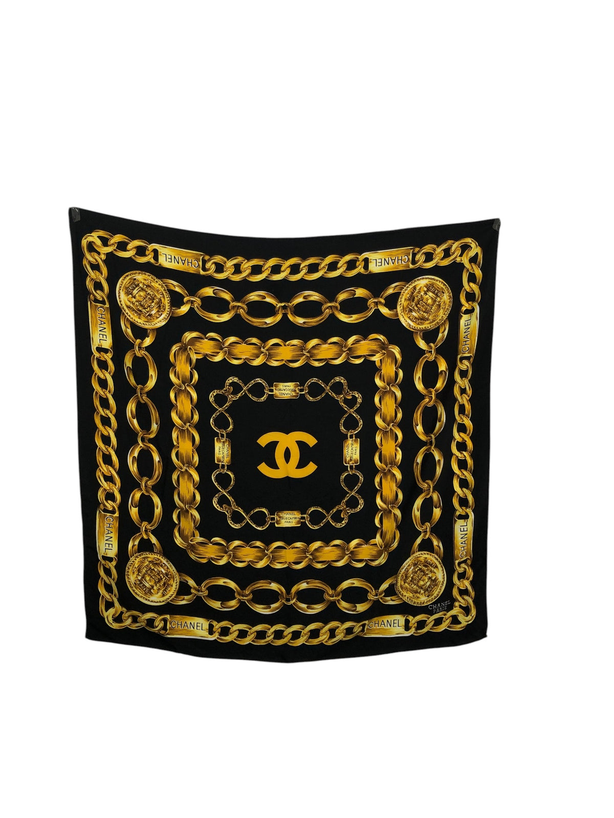 CHANEL Coco Mark SILK Scarf Black×Yellow Vintage gi546h