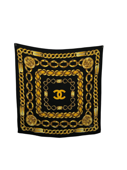 CHANEL Coco Mark SILK Scarf Black×Yellow Vintage gi546h