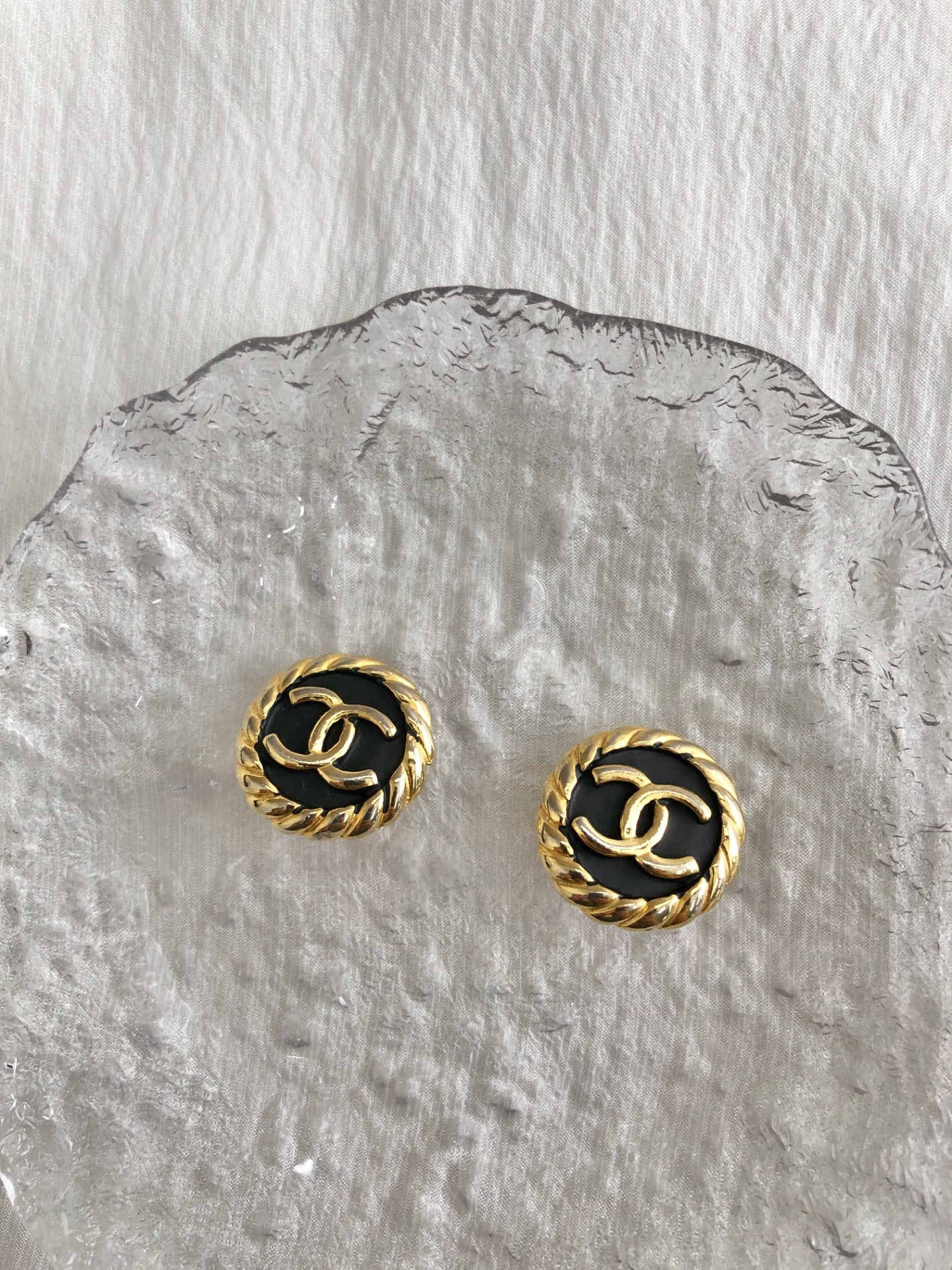CHANEL Coco Mark Earrings Black×Gold Vintage bcnc28