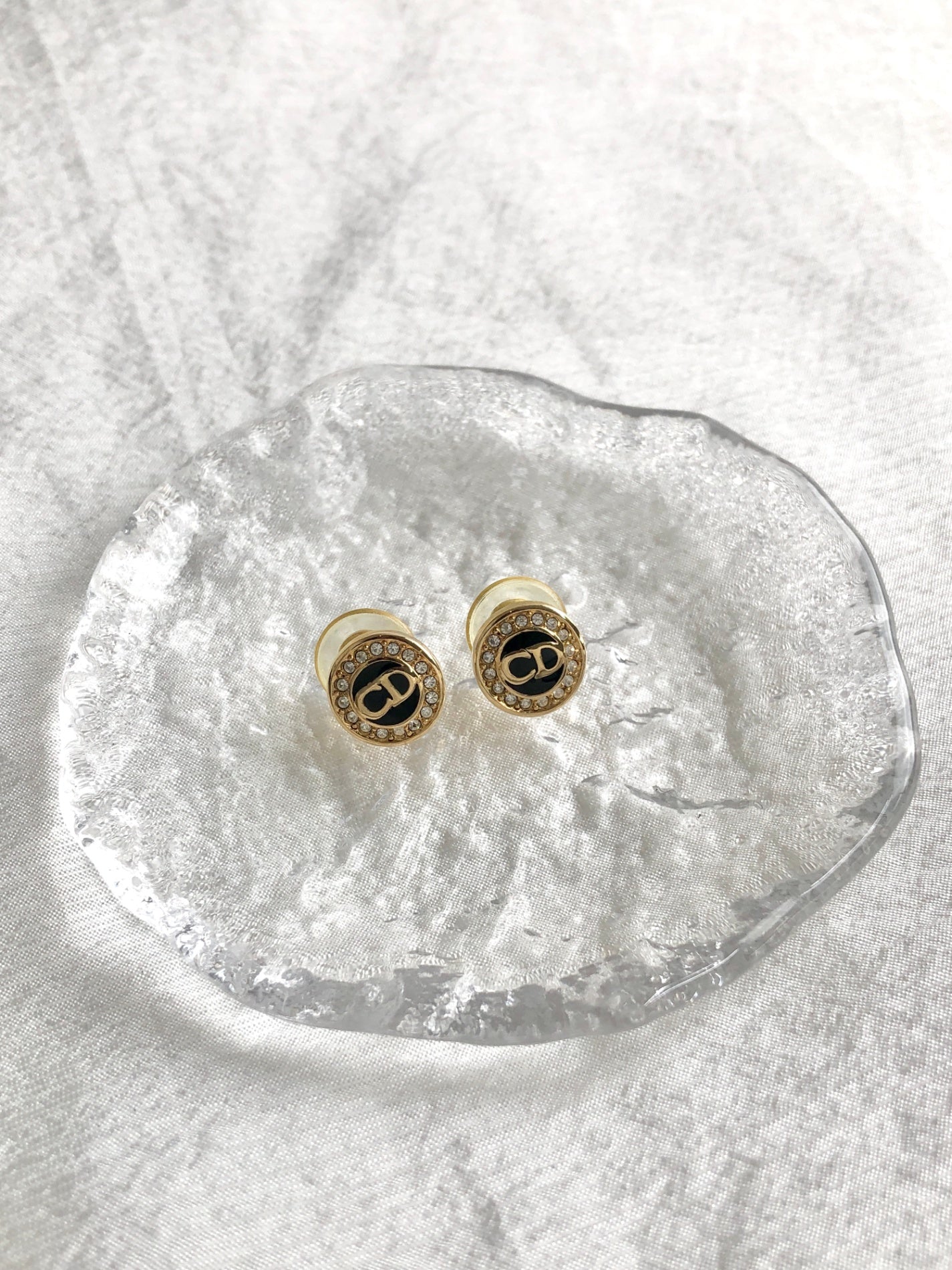 Christian Dior CD Logo Rhinestone Pierced Silver×Black Vintage twgnkz