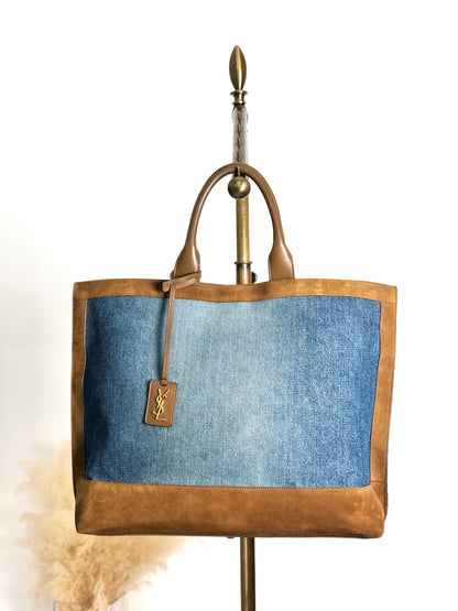Yves Saint Laurent YSL Logo Totebag Indigo×Brown Vintage tgpnxk