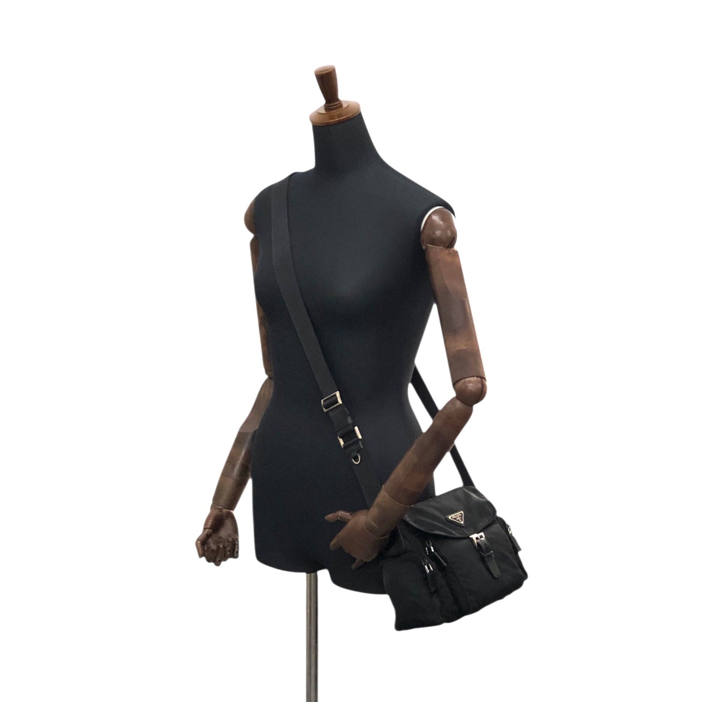 PRADA Tessuto Triangle Logo Front Buckle Side Pocket Shoulder bag Black Vintage pvgpkk