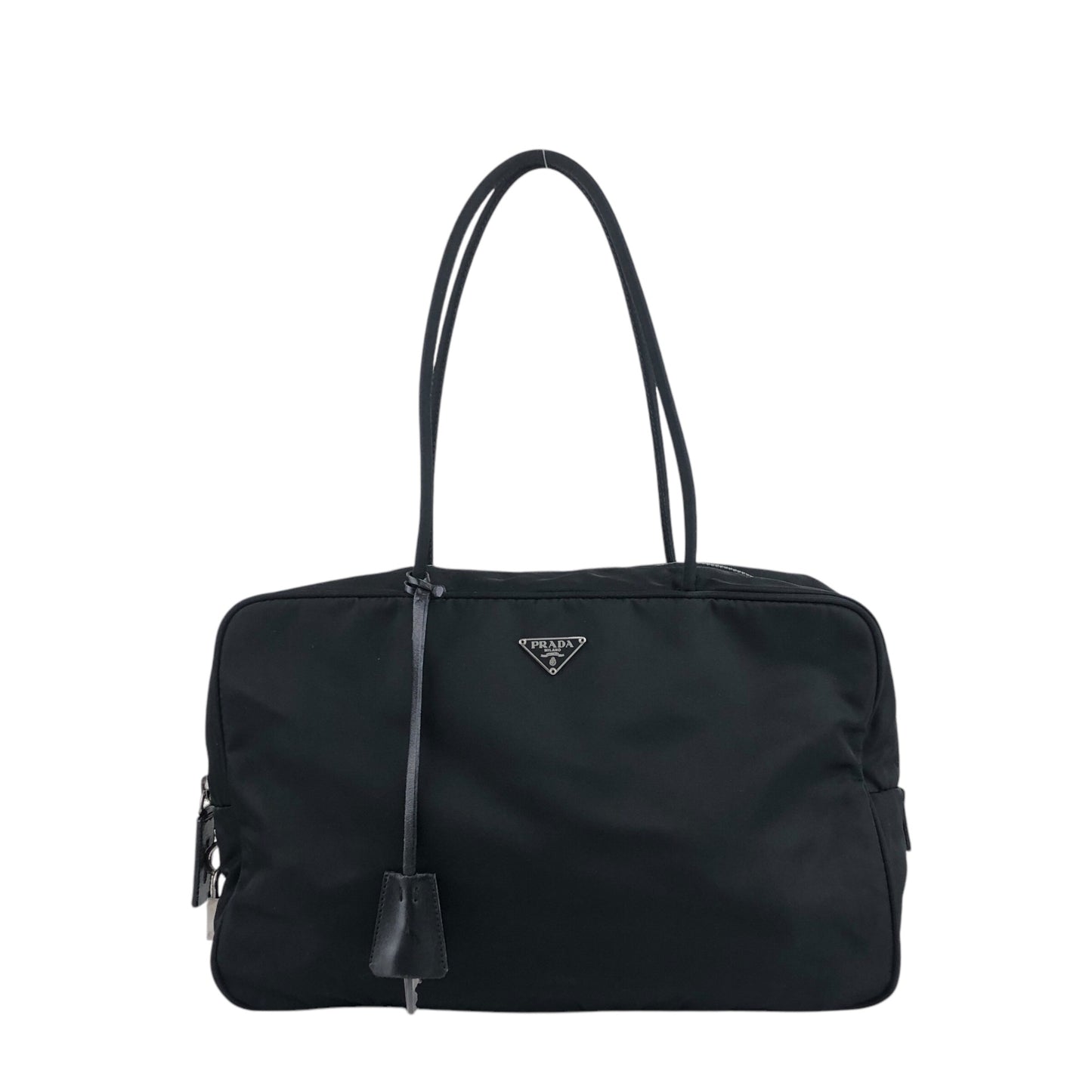 PRADA Tessuto Triangle Logo Padlock Boston bag Handbag Black Vintage 5ybv5s