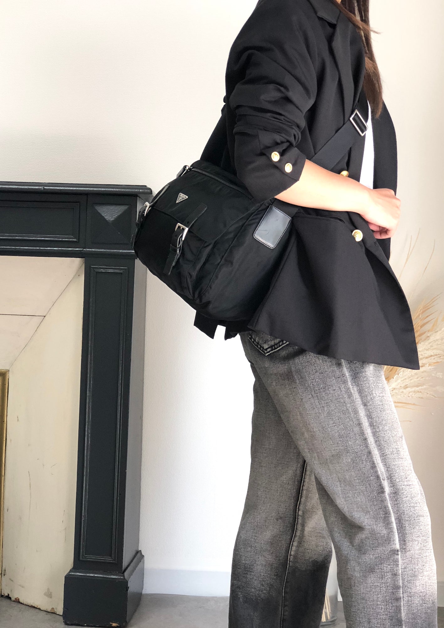 PRADA Tessuto Triangle Logo Shoulder bag Black Vintage wm6a24