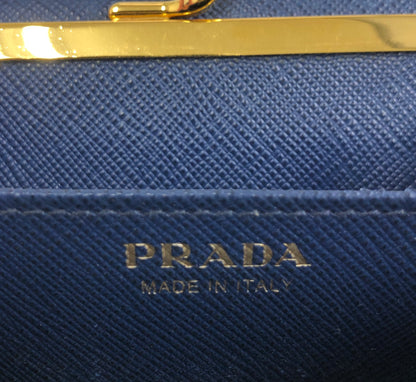 PRADA Triangle Logo Metal Clasp Leather Trifold Wallet Blue Vintage hdcmeb