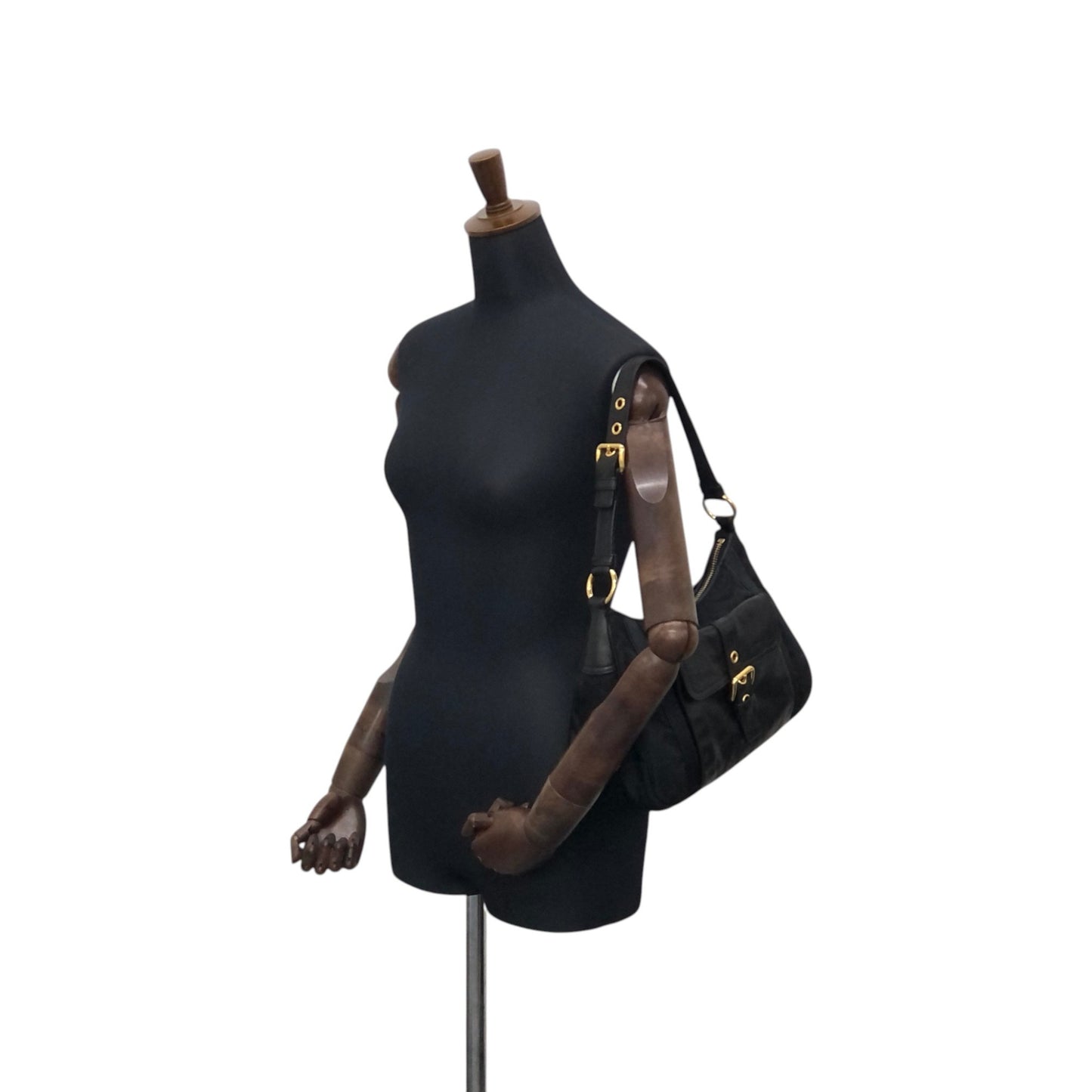PRADA Triangle Logo Front Buckle Shoulder bag Hobobag Black Vintage kmr53p