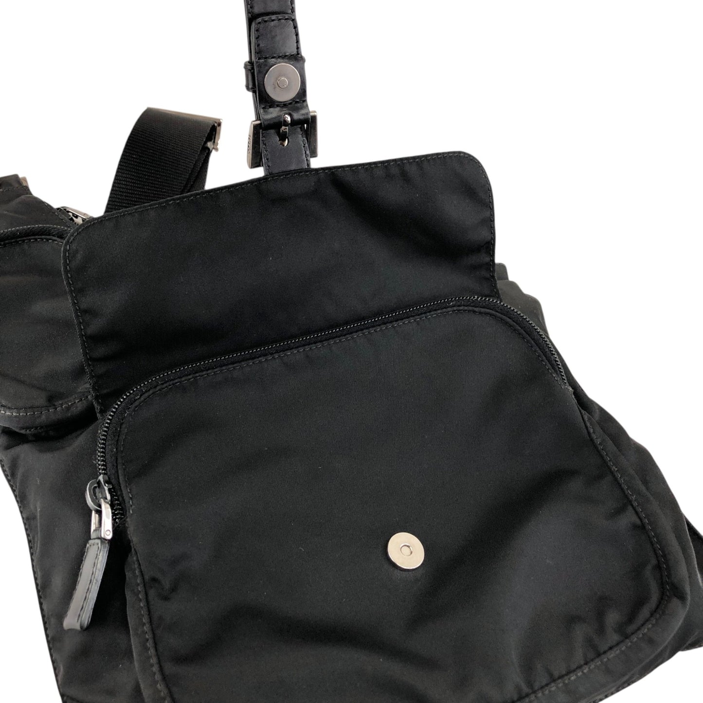 PRADA Tessuto Triangle Logo Front Buckle Shoulder bag Black Vintage h7n4ka
