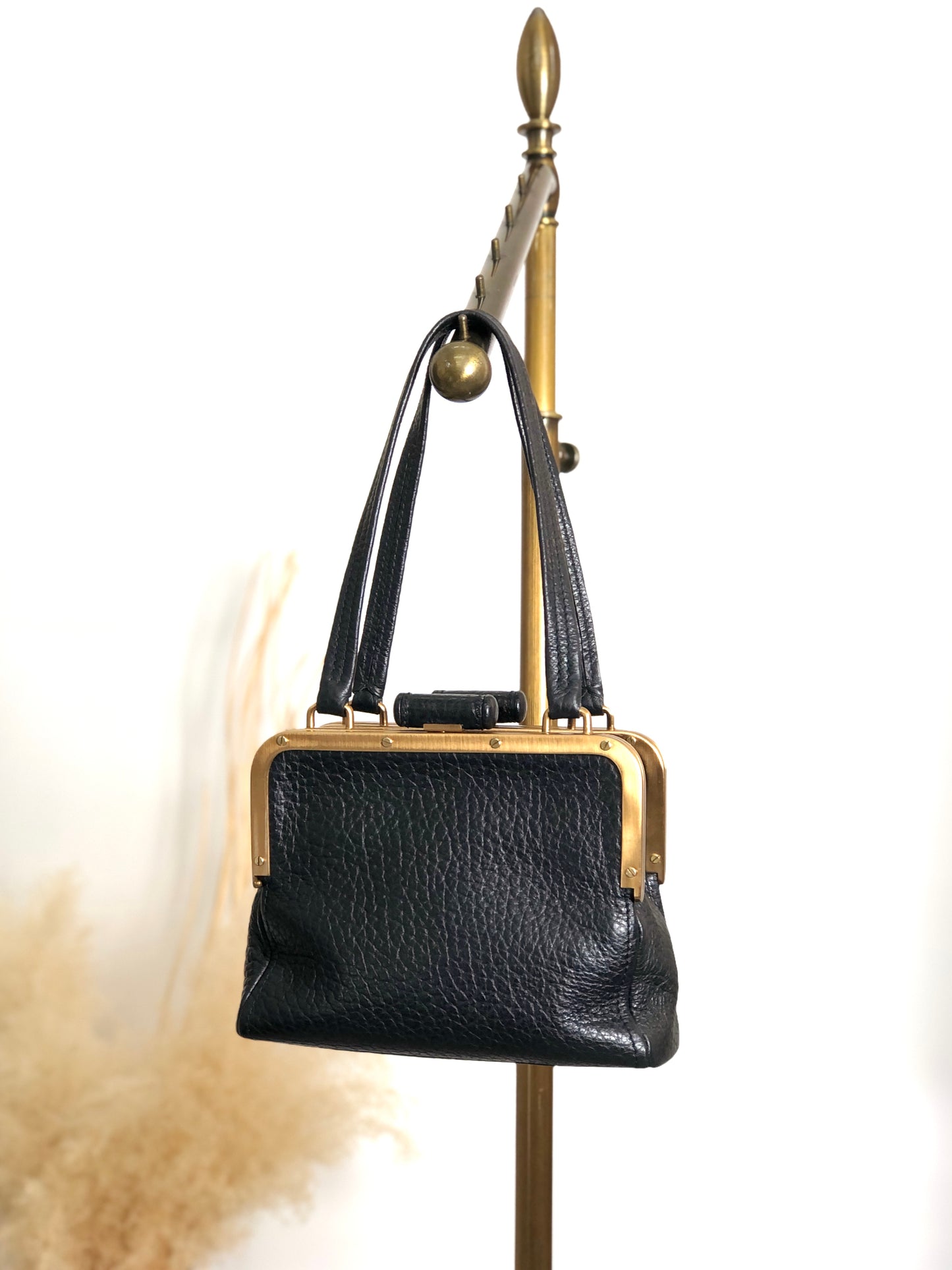 PRADA Triangle Logo Metal Closure Handbag Black Vintage epwvbd